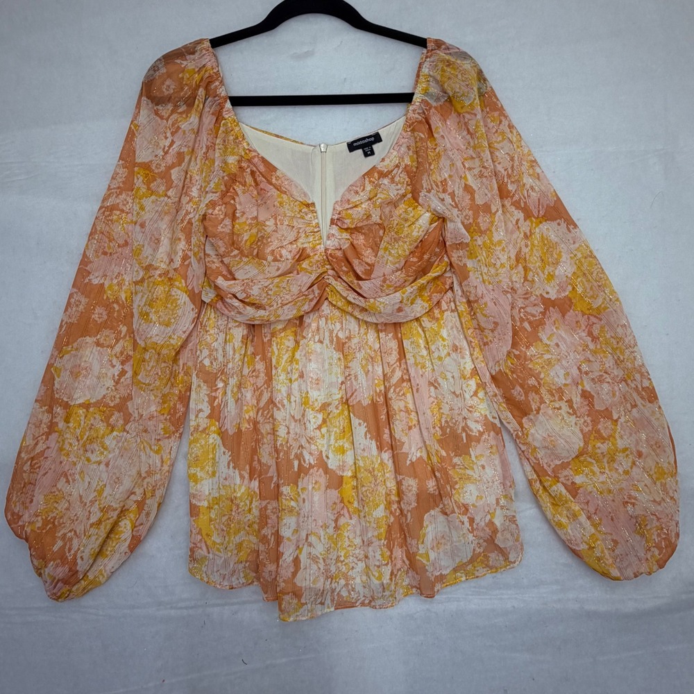 Mittoshop Orange Yellow Floral Metallic Lurex Balloon Sleeve Babydoll Blouse M